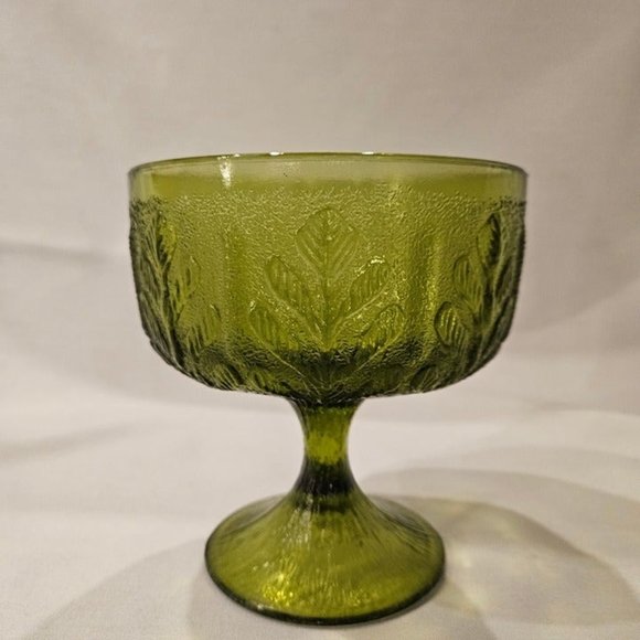 1978‎ FTD Vintage Green Glass Pedestal Bowl Candy Dish Leaf Pattern (9c2) - Picture 3 of 9